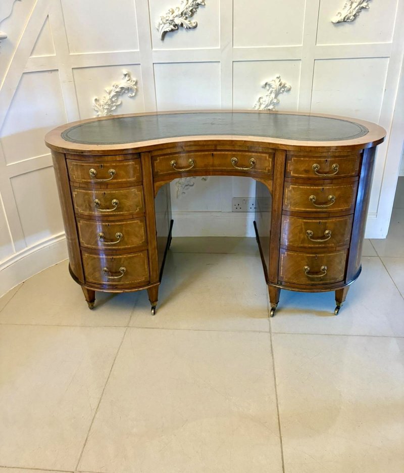 Large Antique Edwardian Quality Inlaid Mahogany Freestanding Kidney Shaped Desk - Image 5